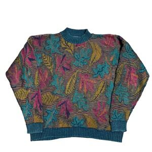 Vintage 80s Crossings Knit Leaves Sweater Cotton Colorful Size XL